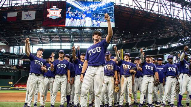 TCU baseball celebrates after defeating Kansas State on Saturday, May 27 to advance to the championship game of the 2023 Phillips 66 Big 12 Championship